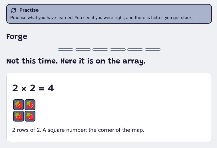 The practice screen after a wrong answer: 2 × 2 shown as rows, with a sentence on how to work it out.